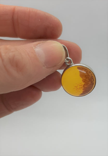 925 Sterling Silver Round Pendant with Amber