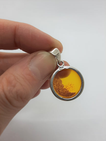 925 Sterling Silver Round Pendant with Amber