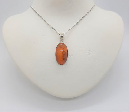 925 Sterling Silver Oval Pendant with genuine Amber