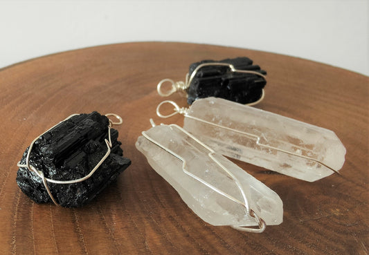 Wire wrapped Quartz/Obsidian Pendants