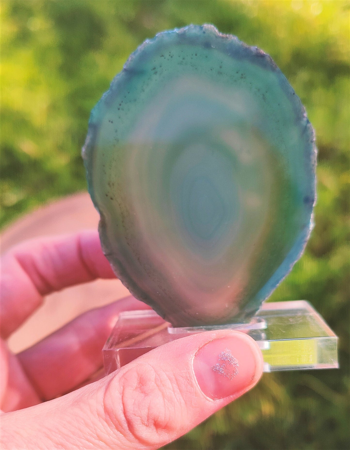 Green Agate slice on stand