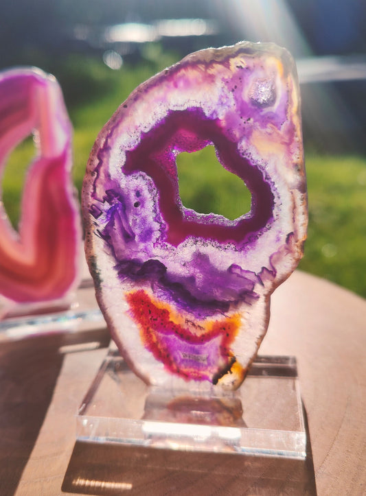 Purple Agate slice on stand